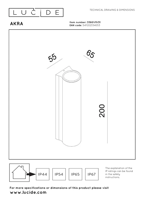 Lucide AKRA - Wandleuchte Innen/Außen - LED - 2x6,5W 2700K - IP54 - Weiß - technisch